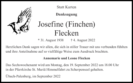 Traueranzeige von Josefine Flecken von Zeitung am Sonntag