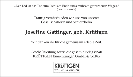 Traueranzeige von Josefine Gattinger von Aachener Zeitung / Aachener Nachrichten