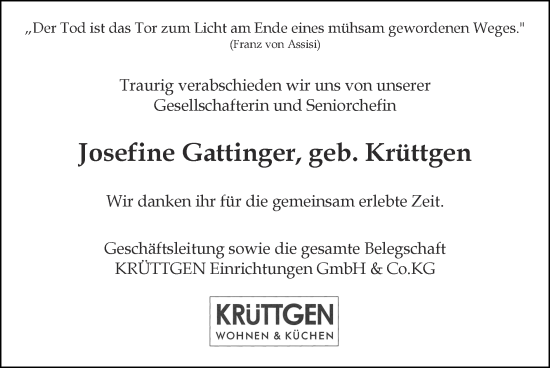 Traueranzeige von Josefine Gattinger von Zeitung am Sonntag