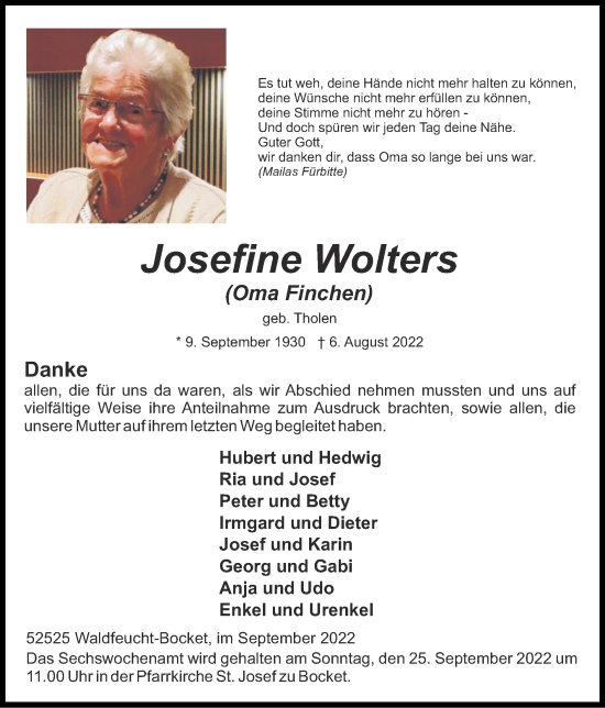 Traueranzeige von Josefine Wolters von Zeitung am Sonntag