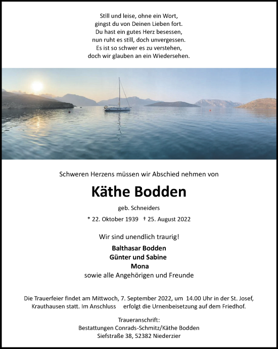 Traueranzeige von Käthe Bodden von Zeitung am Sonntag