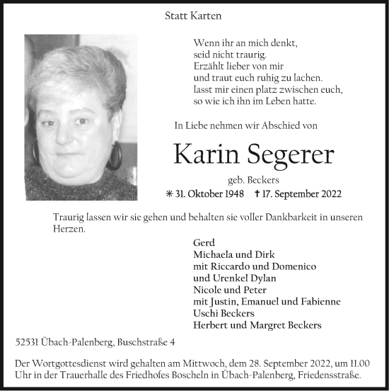 Traueranzeige von Karin Segerer von Zeitung am Sonntag
