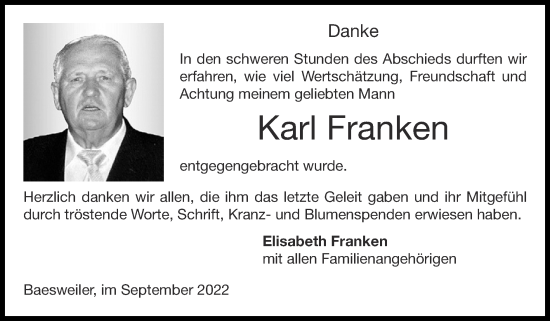 Traueranzeige von Karl Franken von Zeitung am Sonntag
