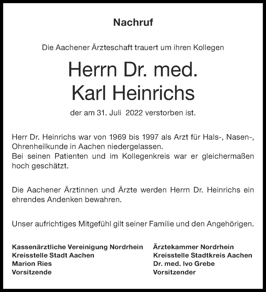  Traueranzeige für Karl Heinrichs vom 17.09.2022 aus Aachener Zeitung / Aachener Nachrichten