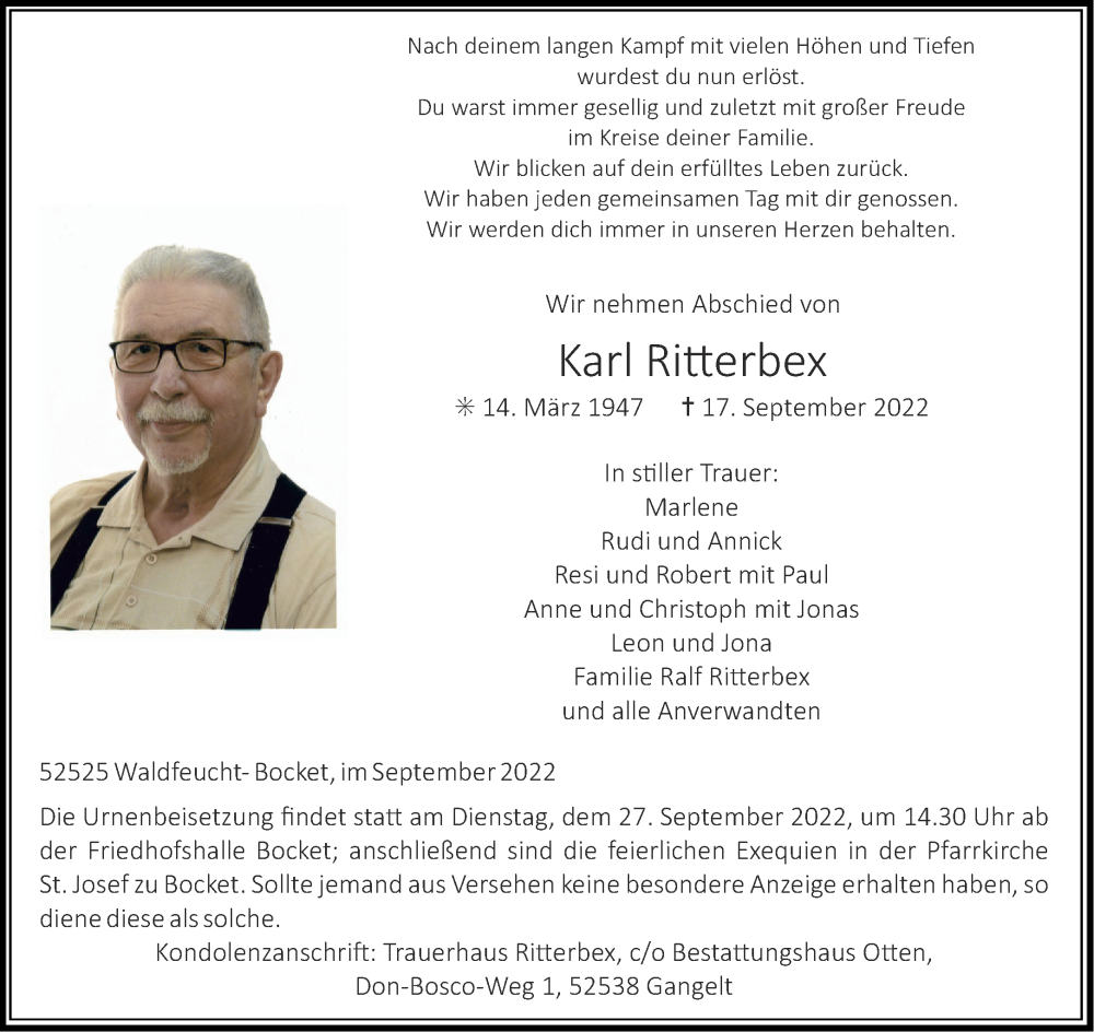  Traueranzeige für Karl Ritterbex vom 21.09.2022 aus Aachener Zeitung / Aachener Nachrichten
