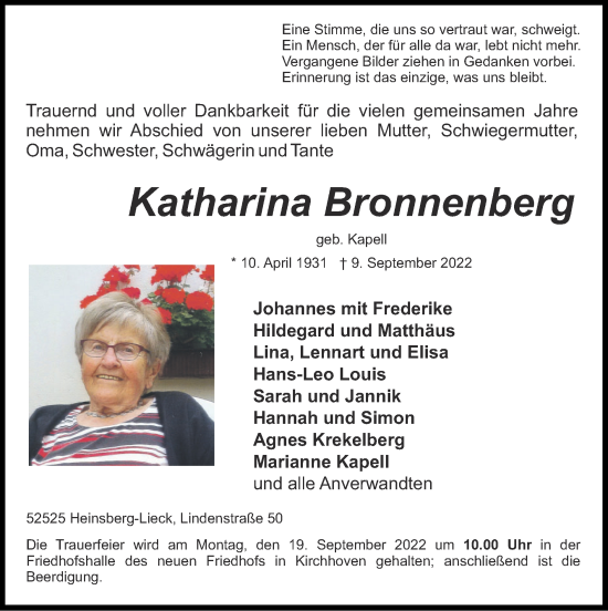 Traueranzeige von Katharina Bronnenberg von Zeitung am Sonntag