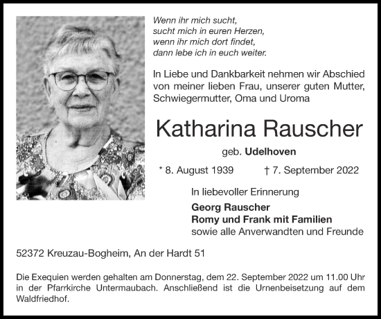 Traueranzeige von Katharina Rauscher von Zeitung am Sonntag