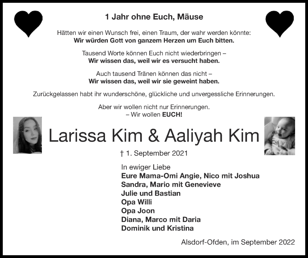  Traueranzeige für Larissa & Aaliyah  Kim vom 04.09.2022 aus Zeitung am Sonntag