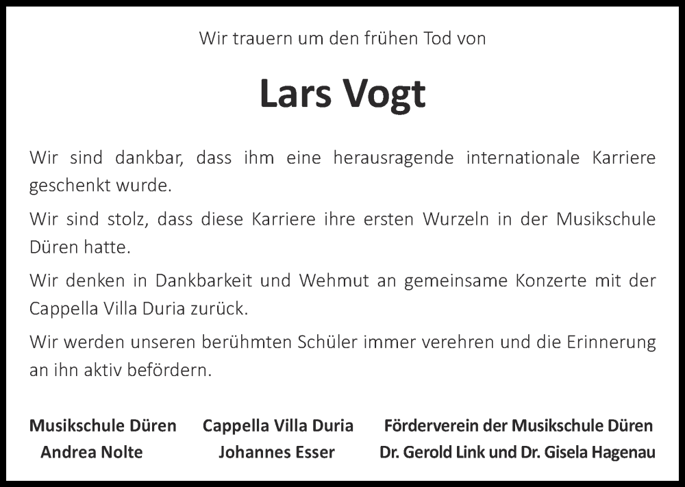  Traueranzeige für Lars Vogt vom 11.09.2022 aus Zeitung am Sonntag