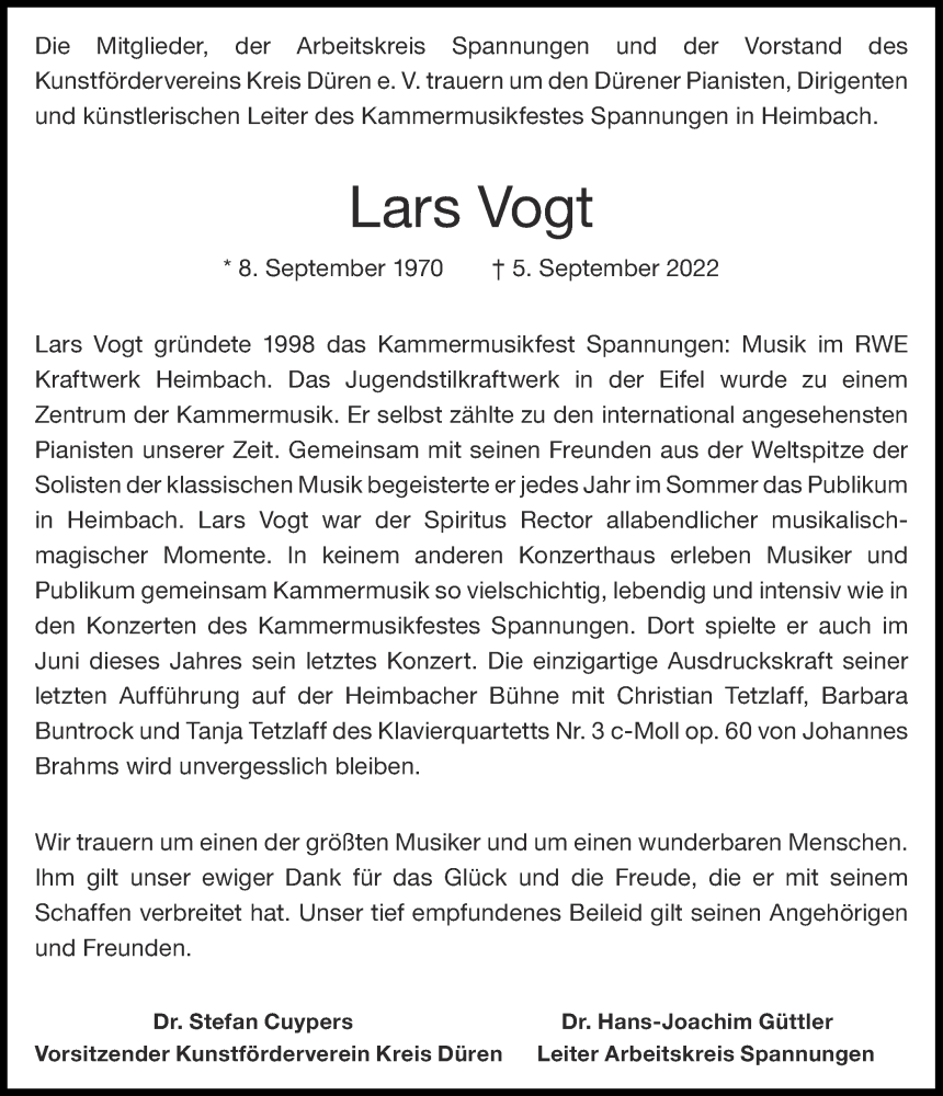  Traueranzeige für Lars Vogt vom 10.09.2022 aus Aachener Zeitung / Aachener Nachrichten