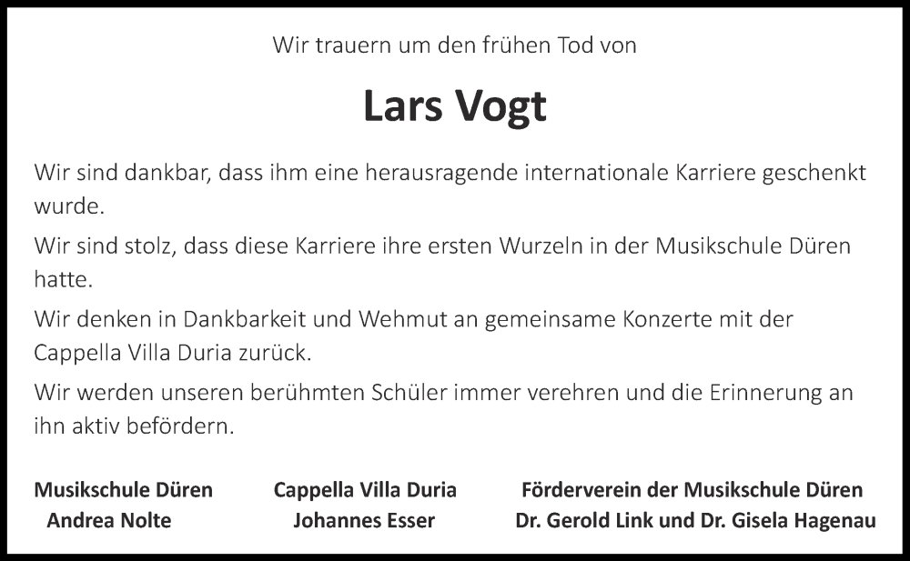  Traueranzeige für Lars Vogt vom 10.09.2022 aus Aachener Zeitung / Aachener Nachrichten