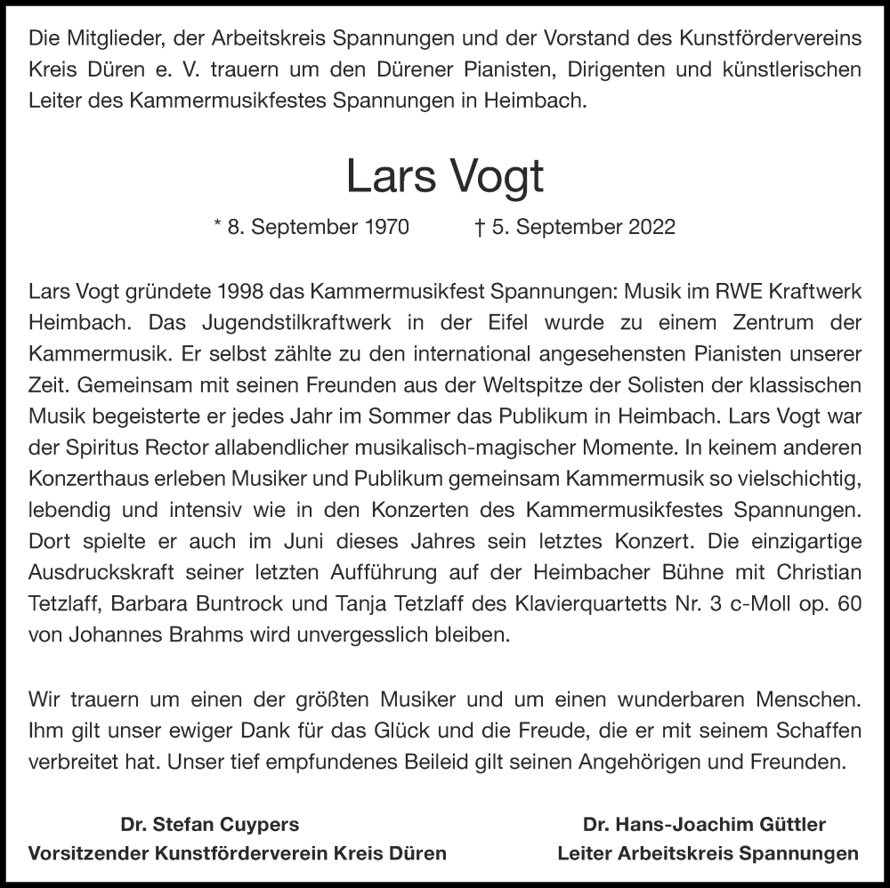  Traueranzeige für Lars Vogt vom 11.09.2022 aus Zeitung am Sonntag