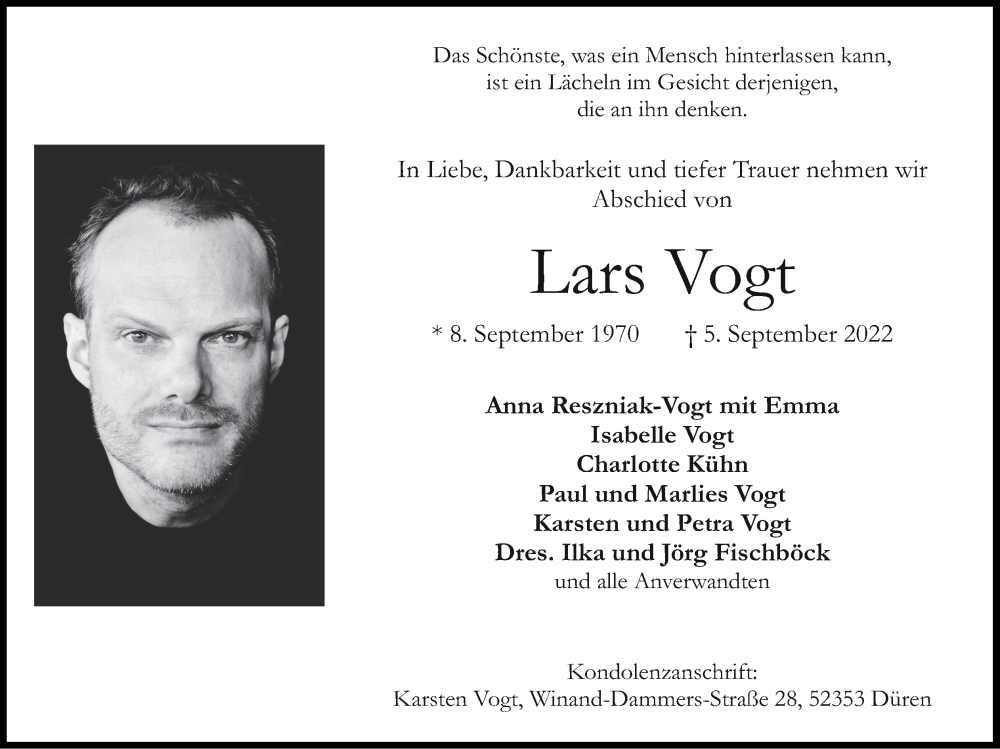  Traueranzeige für Lars Vogt vom 11.09.2022 aus Zeitung am Sonntag