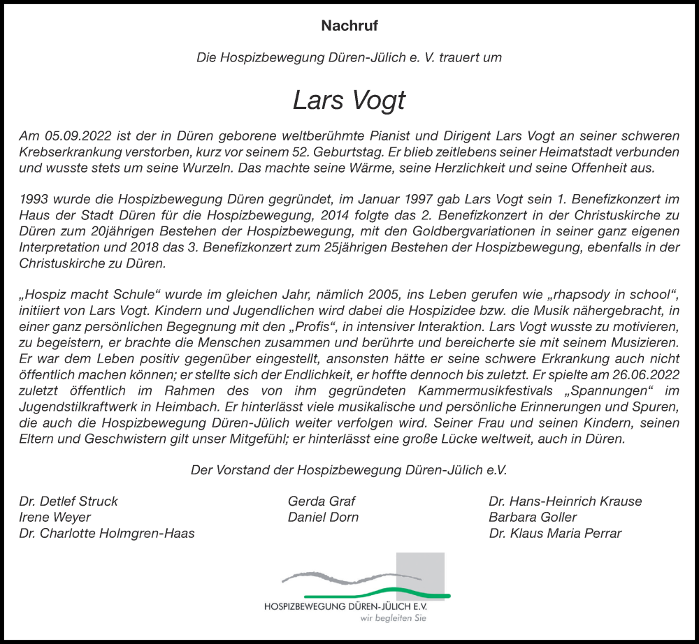  Traueranzeige für Lars Vogt vom 10.09.2022 aus Aachener Zeitung / Aachener Nachrichten