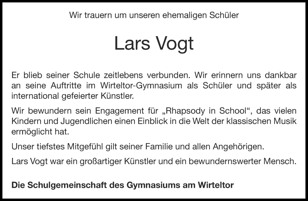  Traueranzeige für Lars Vogt vom 14.09.2022 aus Aachener Zeitung / Aachener Nachrichten