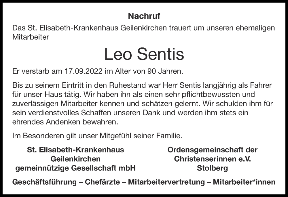  Traueranzeige für Leo Sentis vom 25.09.2022 aus Zeitung am Sonntag