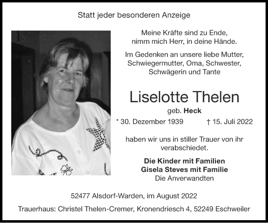 Traueranzeige von Liselotte Thelen von Zeitung am Sonntag