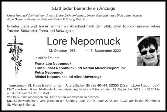 Traueranzeige von Lore Nepomuck von Zeitung am Sonntag