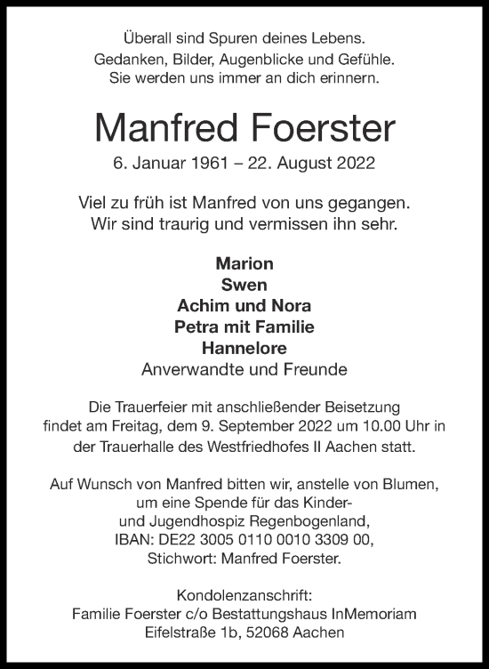 Traueranzeige von Manfred Foerster von Zeitung am Sonntag