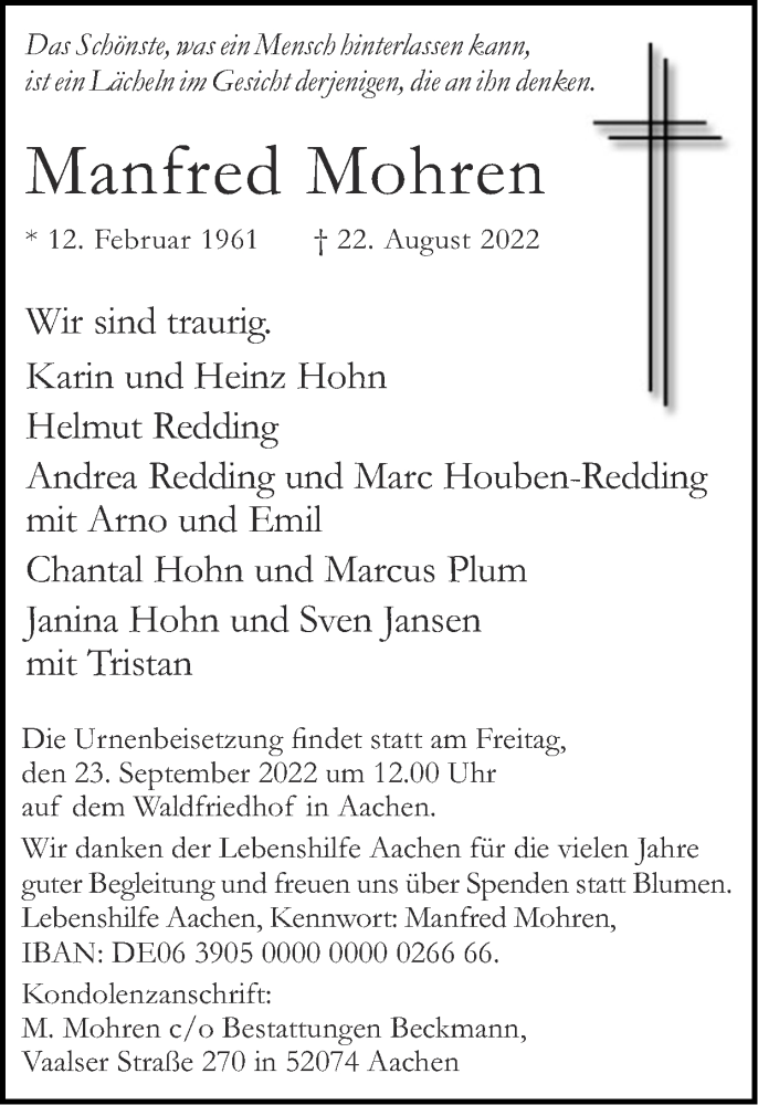  Traueranzeige für Manfred Mohren vom 11.09.2022 aus Zeitung am Sonntag