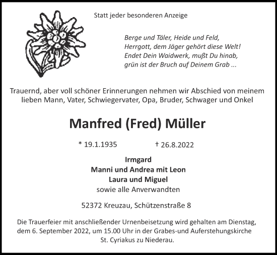 Traueranzeige von Manfred Müller von Zeitung am Sonntag