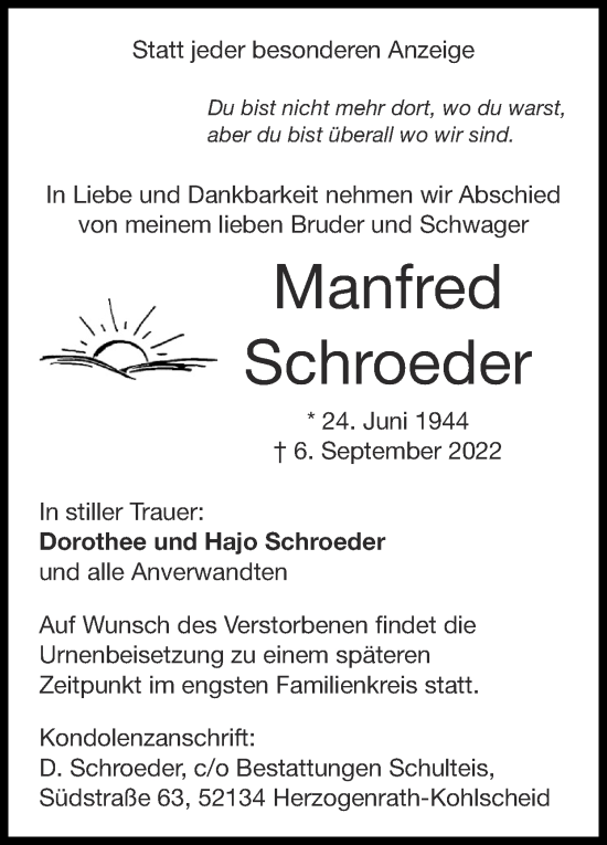 Traueranzeige von Manfred Schroeder von Zeitung am Sonntag