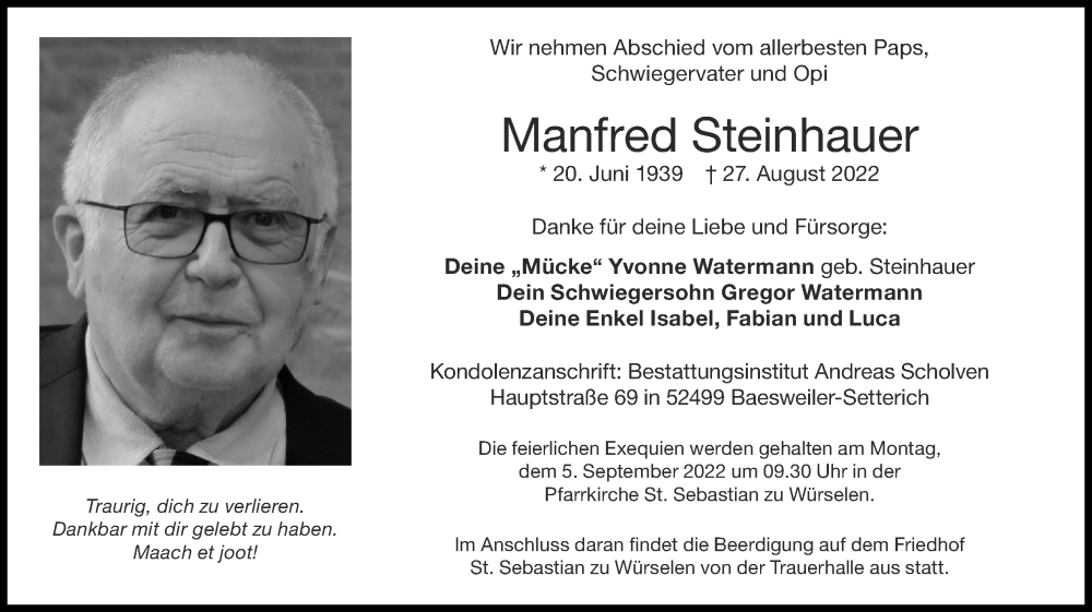  Traueranzeige für Manfred Steinhauer vom 04.09.2022 aus Zeitung am Sonntag