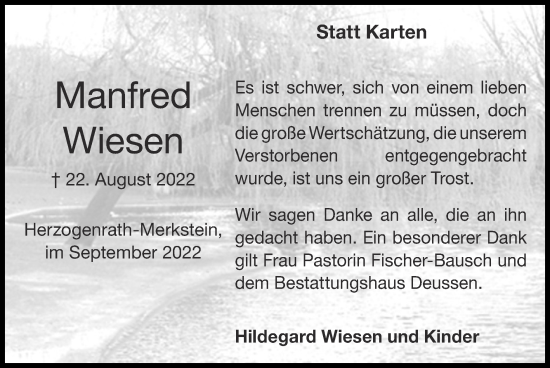 Traueranzeige von Manfred Wiesen von Zeitung am Sonntag