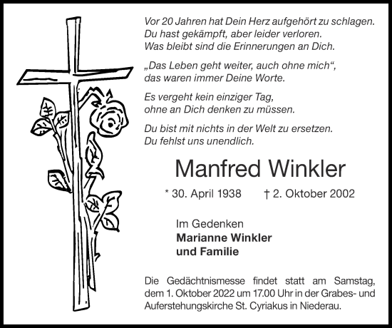 Traueranzeige von Manfred Winkler von Zeitung am Sonntag