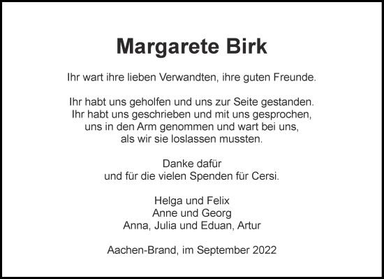 Traueranzeige von Margarete Birk von Aachener Zeitung / Aachener Nachrichten