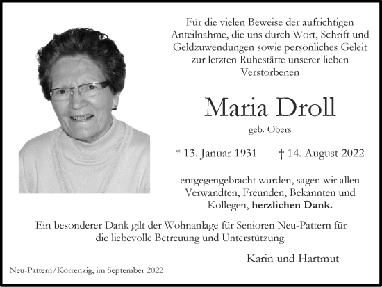 Traueranzeige von Maria Droll von Zeitung am Sonntag