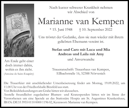 Traueranzeige von Marianne van Kempen von Zeitung am Sonntag
