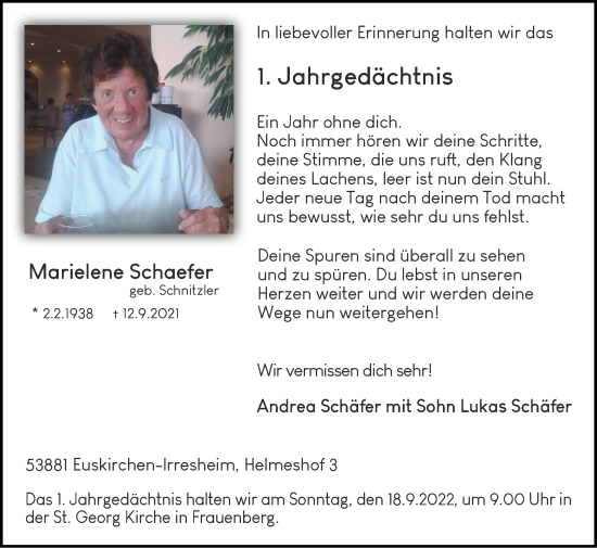 Traueranzeige von Marielene Schaefer von Zeitung am Sonntag