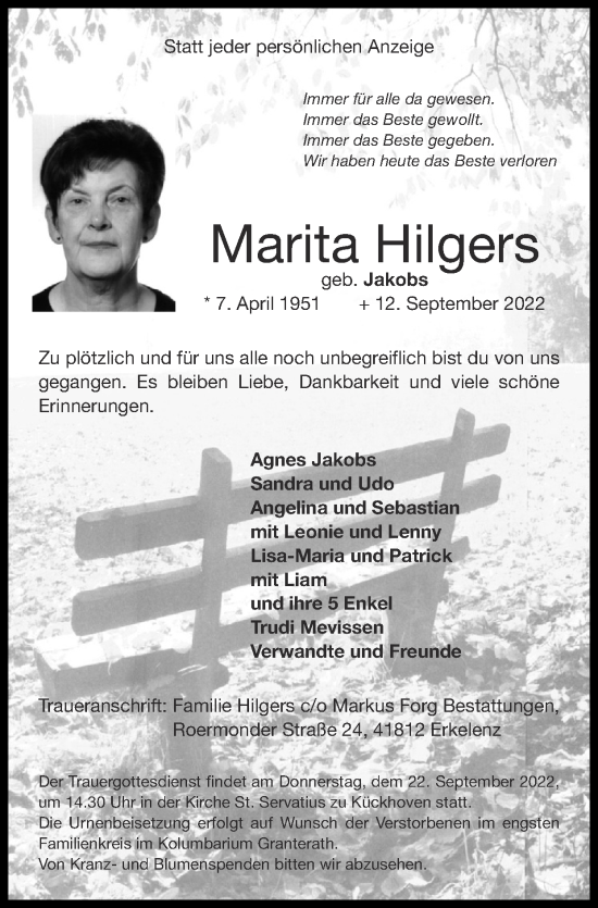 Traueranzeige von Marita Hilgers von Zeitung am Sonntag