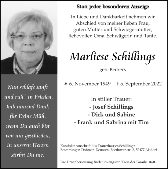 Traueranzeige von Marliese Schillings von Zeitung am Sonntag