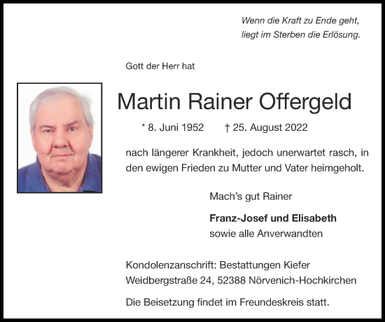 Traueranzeige von Martin Rainer Offergeld von Zeitung am Sonntag