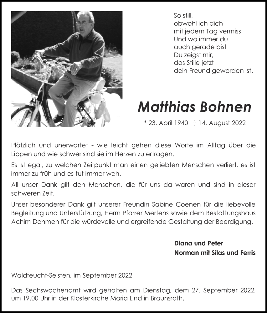 Traueranzeige für Matthias Bohnen vom 25.09.2022 aus Zeitung am Sonntag
