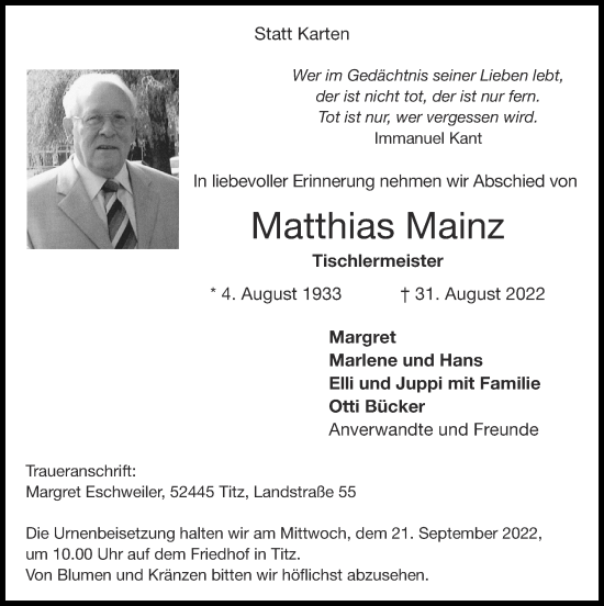 Traueranzeige von Matthias Mainz von Zeitung am Sonntag