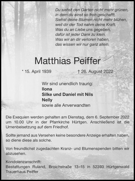 Traueranzeige von Matthias Peiffer von Zeitung am Sonntag