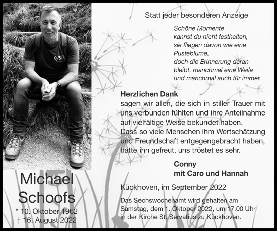 Traueranzeige von Michael Schoofs von Zeitung am Sonntag
