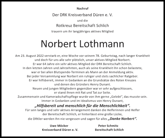 Traueranzeige von Norbert Lothmann von Zeitung am Sonntag
