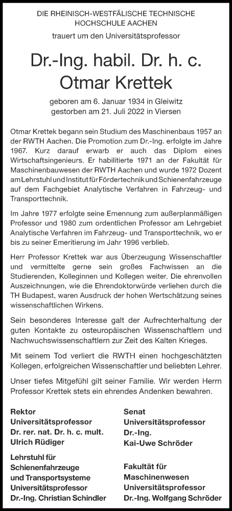 Traueranzeige von Otmar Krettek von Aachener Zeitung / Aachener Nachrichten