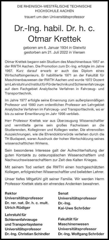  Traueranzeige für Otmar Krettek vom 03.09.2022 aus Aachener Zeitung / Aachener Nachrichten