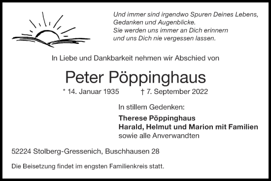 Traueranzeige von Peter Pöppinghaus von Zeitung am Sonntag