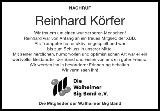 Traueranzeige von Reinhard Körfer von Zeitung am Sonntag