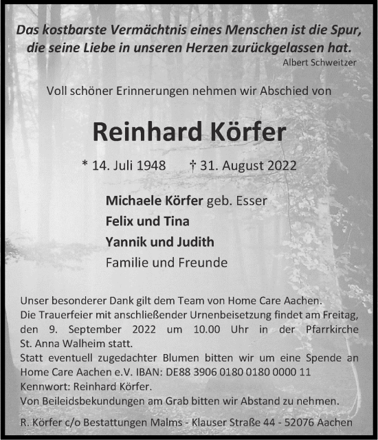 Traueranzeige von Reinhard Körfer von Aachener Zeitung / Aachener Nachrichten
