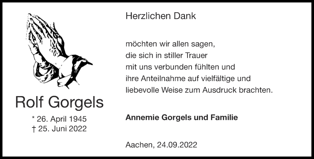  Traueranzeige für Rolf Gorgels vom 24.09.2022 aus Aachener Zeitung / Aachener Nachrichten
