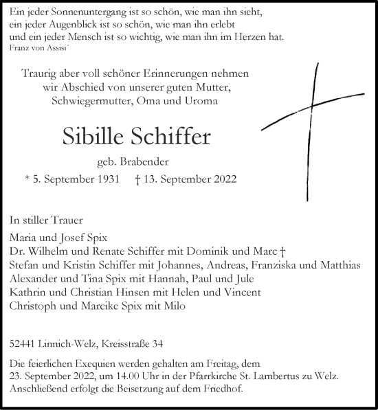 Traueranzeige von Sibille Schiffer von Zeitung am Sonntag