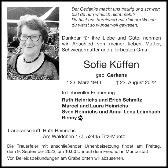 Traueranzeige von Sofie Kliffen von Zeitung am Sonntag
