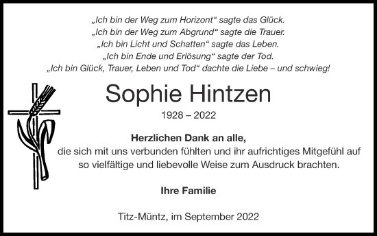 Traueranzeige von Sophie Hintzen von Zeitung am Sonntag